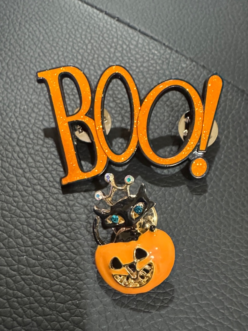 2 Halloween 'BOO!' Pin and Pumpkin and Cat brooch pin- Orange